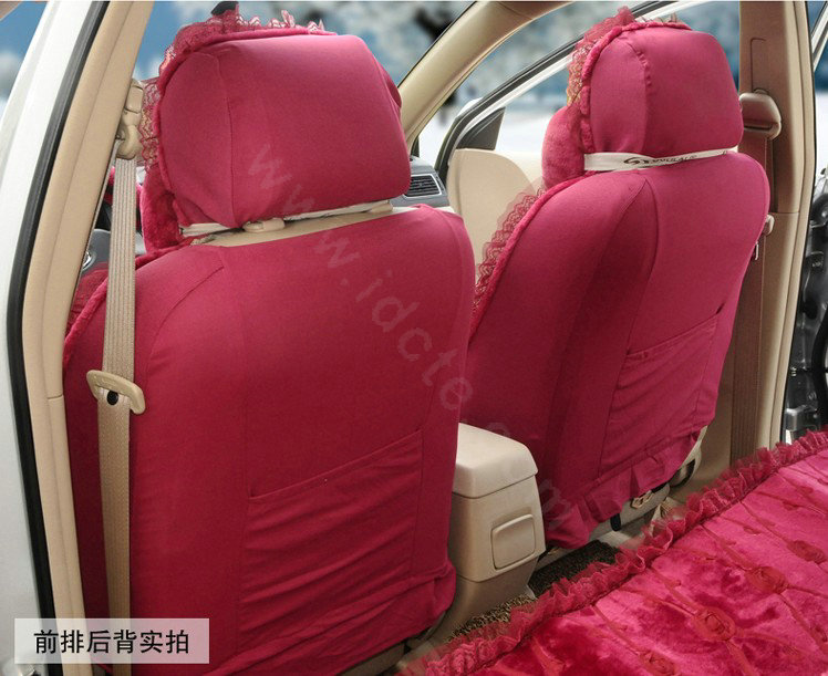 OULILAI Lace Bowknot Universal Automobile Car Seat Cover Cushion Plush 7pcs - Rose