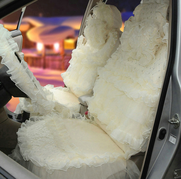 OULILAI Lace Flower Universal Automobile Car Seat Cover Bright silk 18pcs - Beige