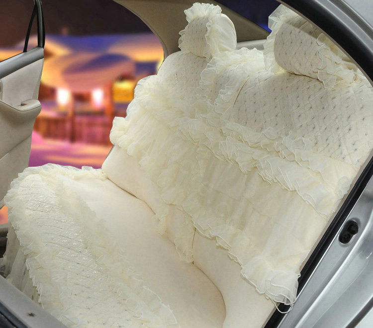 OULILAI Lace Flower Universal Automobile Car Seat Cover Bright silk 18pcs - Beige