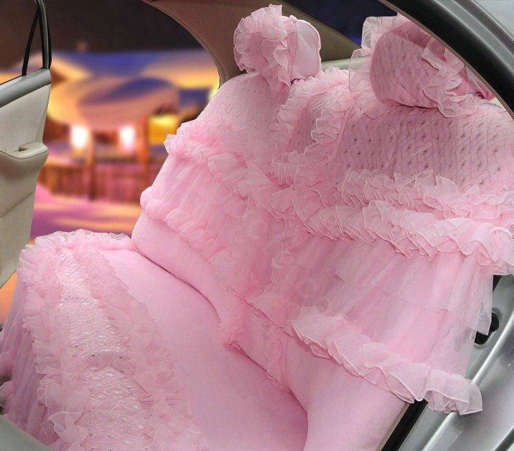 OULILAI Lace Flower Universal Automobile Car Seat Cover Bright silk 18pcs - Pink