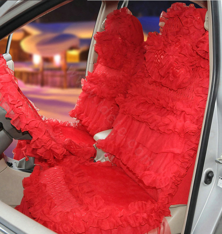 OULILAI Lace Flower Universal Automobile Car Seat Cover Bright silk 18pcs - Red
