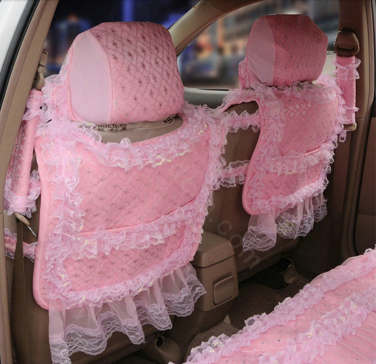 OULILAI Lace Flower Universal Automobile Car Seat Cover Ice silk Cushion 15pcs - Pink