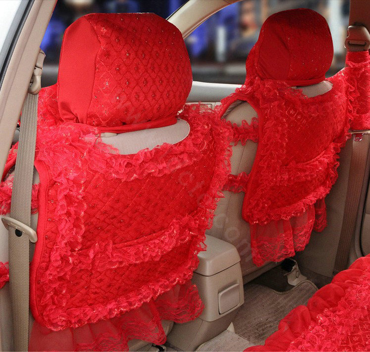 OULILAI Lace Flower Universal Automobile Car Seat Cover Ice silk Cushion 15pcs - Red