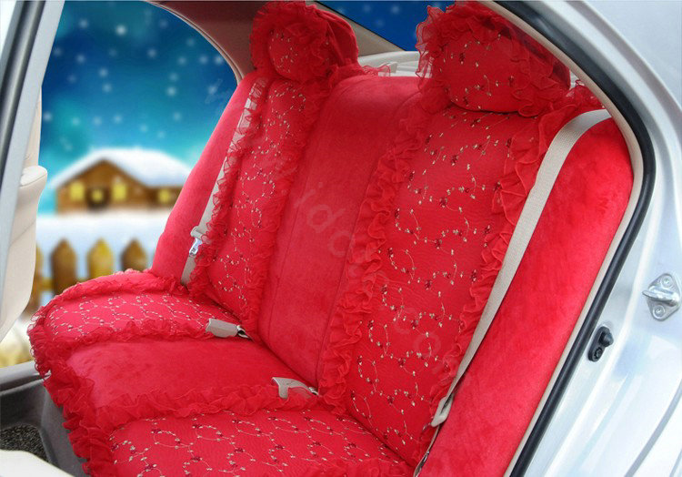 OULILAI Lace Flower Universal Automobile Car Seat Cover Velvet 21pcs - Red