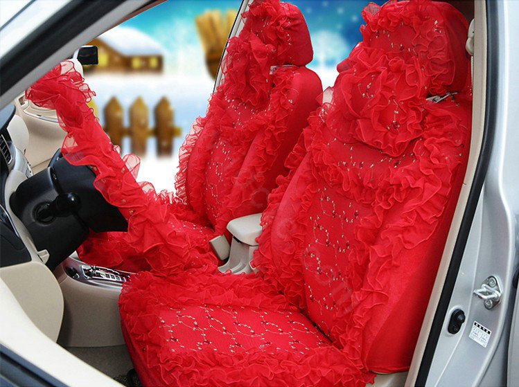 OULILAI Lace Flower Universal Automobile Car Seat Cover Velvet 21pcs - Red