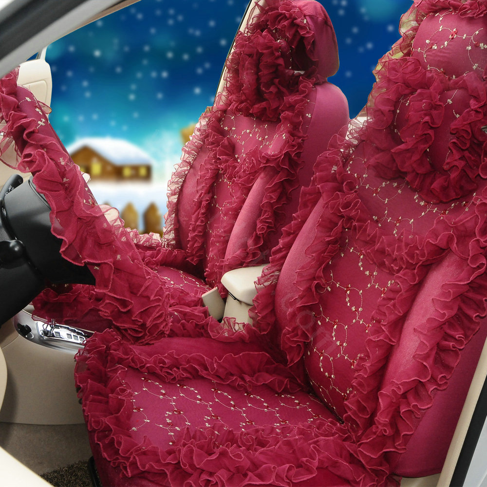 OULILAI Lace Flower Universal Automobile Car Seat Cover Velvet 21pcs - Rose