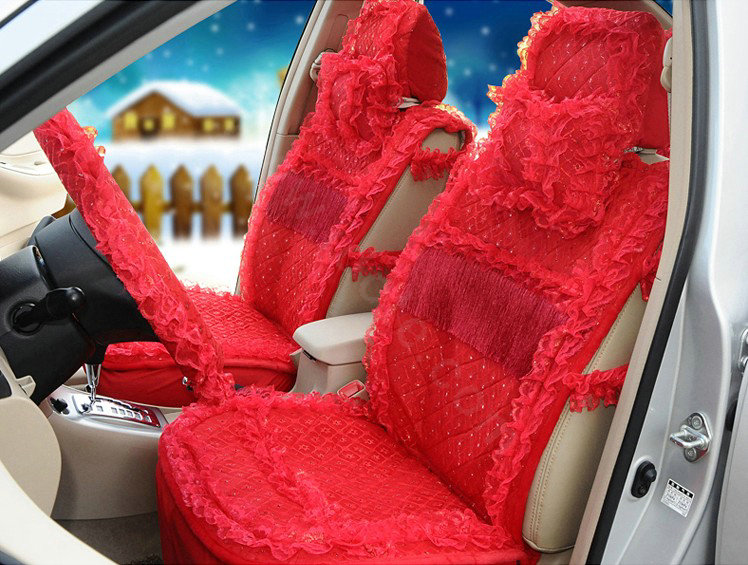 OULILAI Lace Tassel Universal Automobile Car Seat Cover Cushion Plush 15pcs - Red