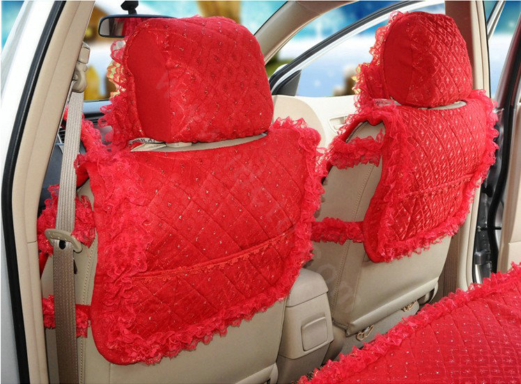 OULILAI Lace Tassel Universal Automobile Car Seat Cover Cushion Plush 15pcs - Red