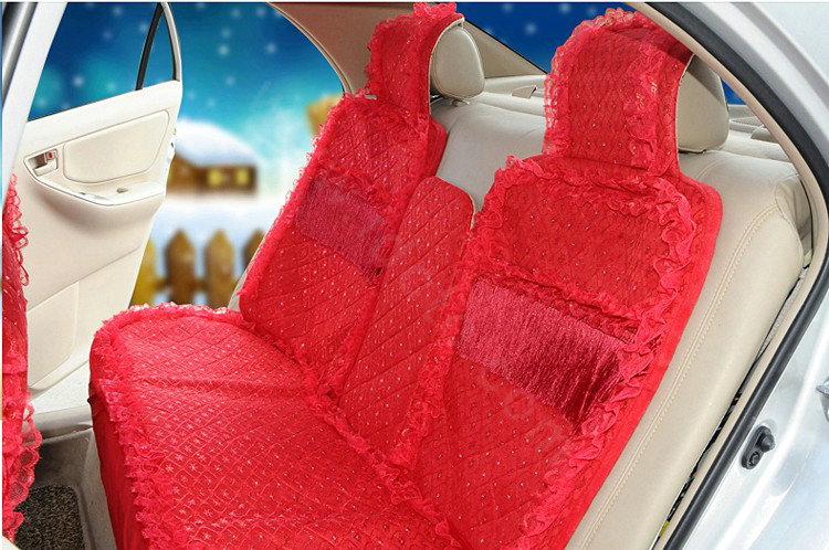 OULILAI Lace Tassel Universal Automobile Car Seat Cover Cushion Plush 15pcs - Red