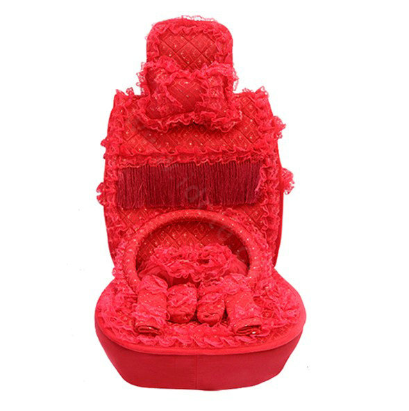 OULILAI Lace Tassel Universal Automobile Car Seat Cover Cushion Plush 15pcs - Red