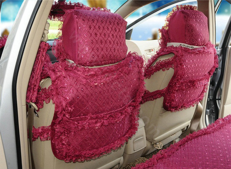 OULILAI Lace Tassel Universal Automobile Car Seat Cover Cushion Plush 15pcs - Rose