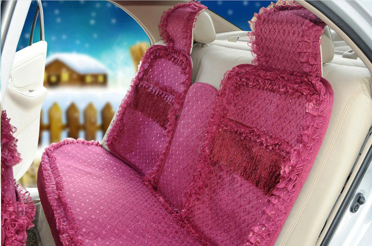 OULILAI Lace Tassel Universal Automobile Car Seat Cover Cushion Plush 15pcs - Rose