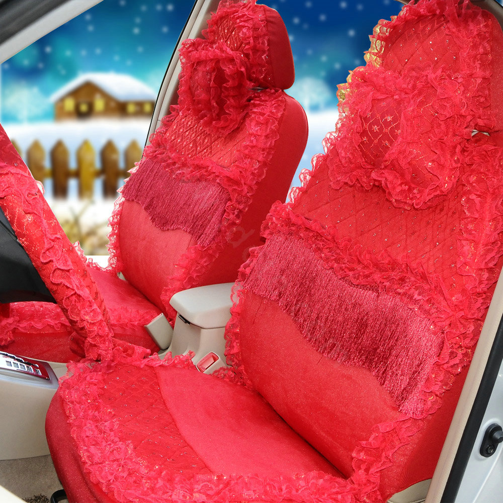 OULILAI Lace Tassel Universal Automobile Car Seat Cover Velvet 21pcs - Red