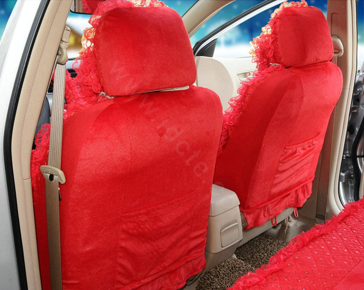 OULILAI Lace Tassel Universal Automobile Car Seat Cover Velvet 21pcs - Red