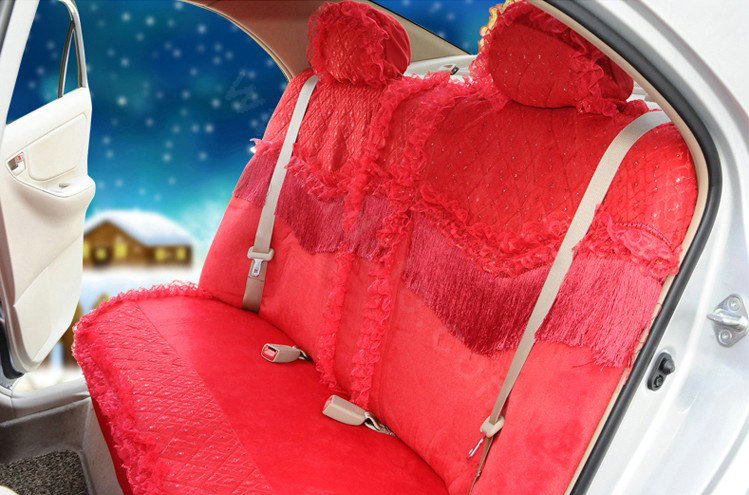 OULILAI Lace Tassel Universal Automobile Car Seat Cover Velvet 21pcs - Red