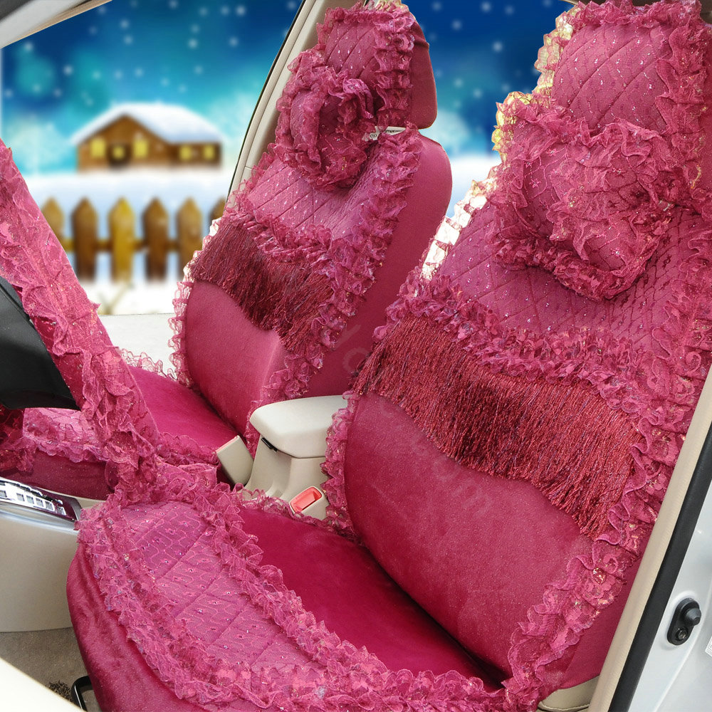 OULILAI Lace Tassel Universal Automobile Car Seat Cover Velvet 21pcs - Rose