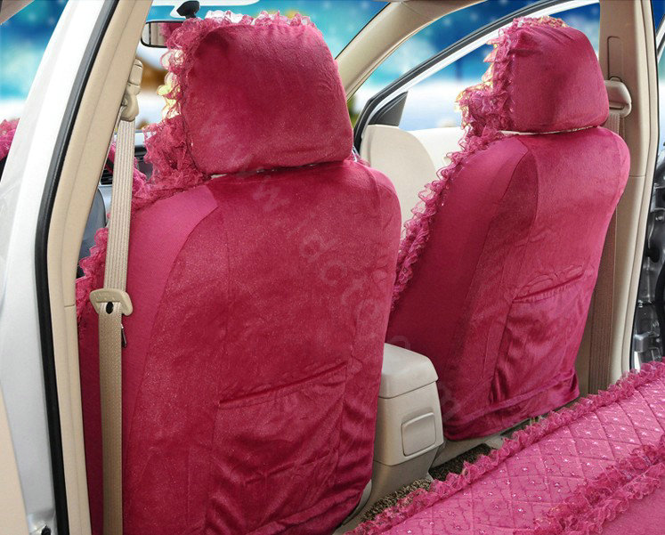 OULILAI Lace Tassel Universal Automobile Car Seat Cover Velvet 21pcs - Rose