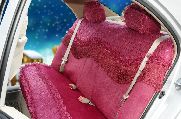 OULILAI Lace Tassel Universal Automobile Car Seat Cover Velvet 21pcs - Rose