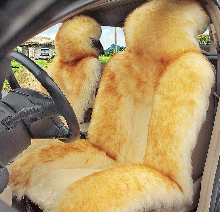 Universal Australia Genuine Sheepskin Car Seat Cover Sheep Wool Auto Cushion 4pcs Sets - Golden