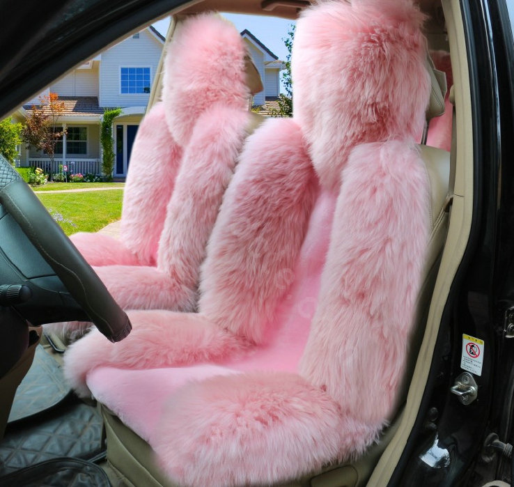 Universal Australia Genuine Sheepskin Car Seat Cover Sheep Wool Auto Cushion 4pcs Sets - Pink