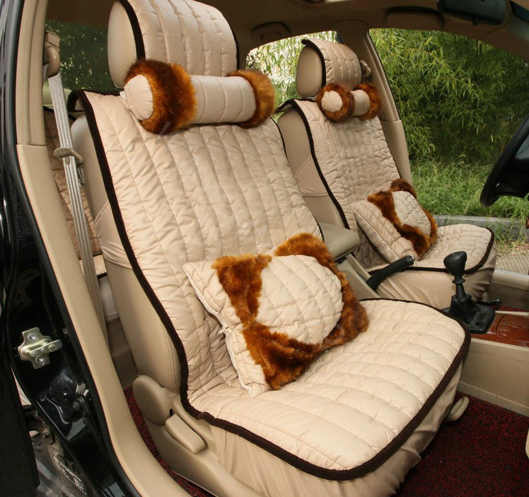 Universal Imitation Sheepskin Car Seat Cover Sheep Wool Leather Auto Cushion 8pcs Sets - Beige