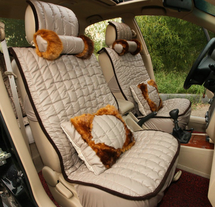 Universal Imitation Sheepskin Car Seat Cover Sheep Wool Leather Auto Cushion 8pcs Sets - Khaki