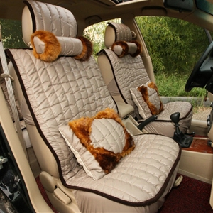 Universal Imitation Sheepskin Car Seat Cover Sheep Wool Leather Auto Cushion 8pcs Sets - Khaki