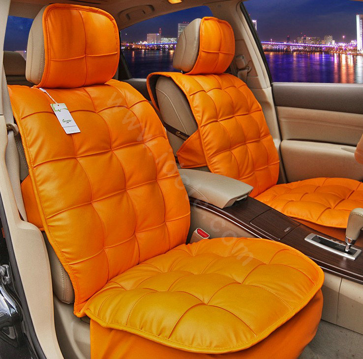 Universal Real Sheepskin Car Seat Cover Leather Wool Auto Cushion 4pcs Sets - Orange