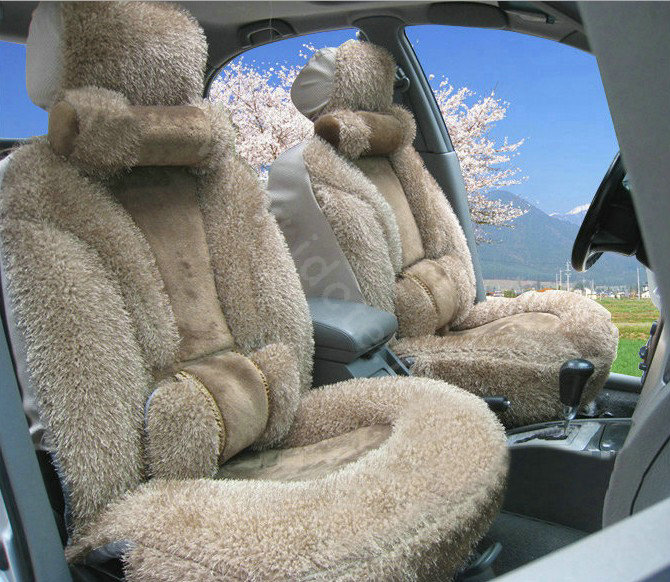 Universal Synthetic Sheepskin Car Seat Cover Sheep Wool Auto Cushion 6pcs Sets - Coffee