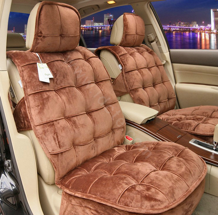 Universal Winter Velvet Plush Car Seat Cover Auto Cushion 4pcs Sets - Coffee