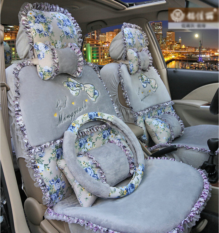 Bowknot Hawaiian floral print Universal Automobile Car Seat Cover Cushion Plush 7pcs - Gray