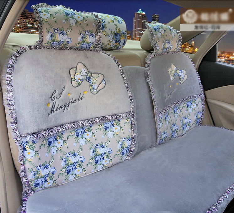 Bowknot Hawaiian floral print Universal Automobile Car Seat Cover Cushion Plush 7pcs - Gray