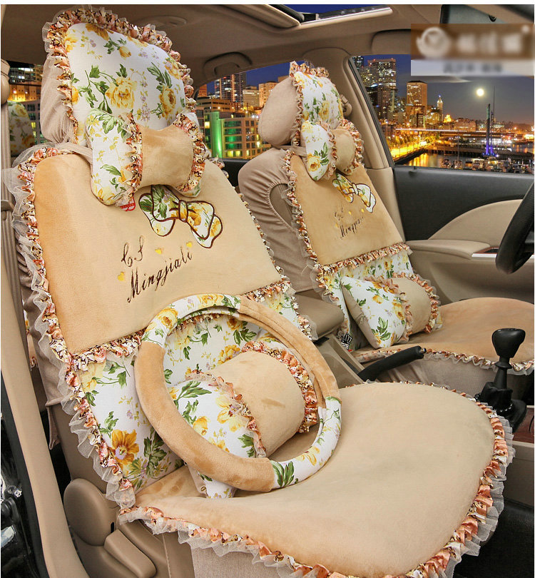 Bowknot Lace floral print Universal Automobile Car Seat Cover Cushion Plush 7pcs - Beige