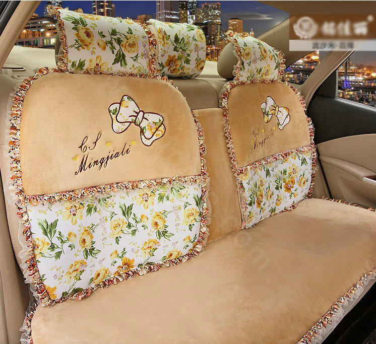 Bowknot Lace floral print Universal Automobile Car Seat Cover Cushion Plush 7pcs - Beige