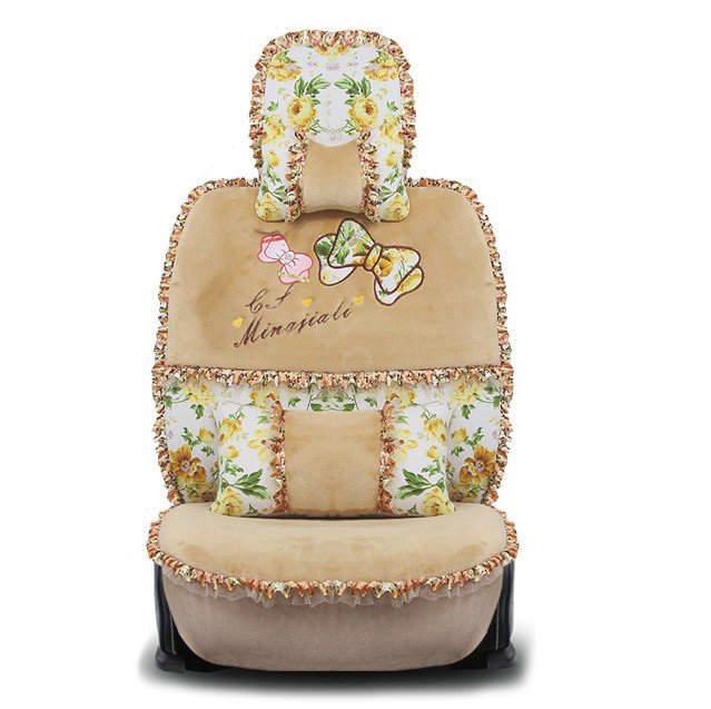 Bowknot Lace floral print Universal Automobile Car Seat Cover Cushion Plush 7pcs - Beige