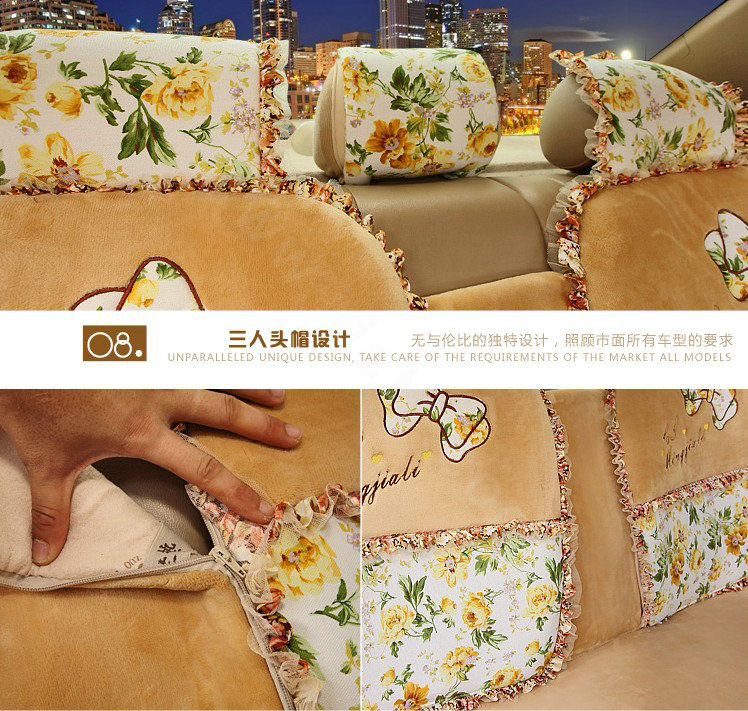 Bowknot Lace floral print Universal Automobile Car Seat Cover Cushion Plush 7pcs - Beige