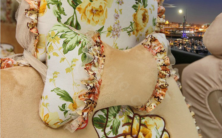 Bowknot Lace floral print Universal Automobile Car Seat Cover Cushion Plush 7pcs - Beige