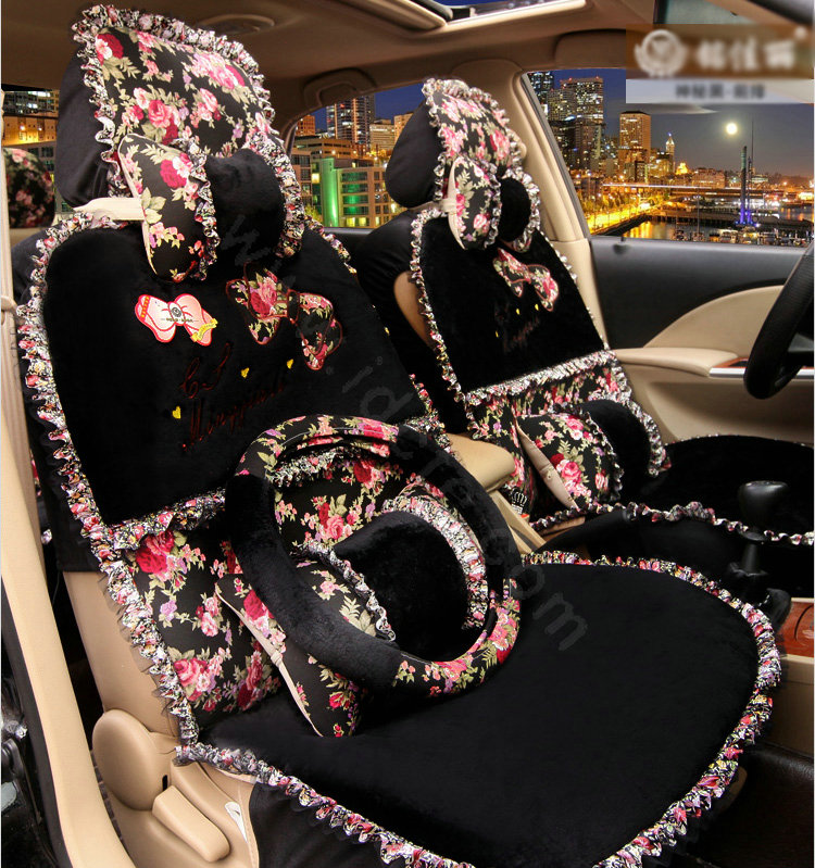 Bowknot Lace flower print Universal Automobile Car Seat Cover Cushion Plush 7pcs - Black
