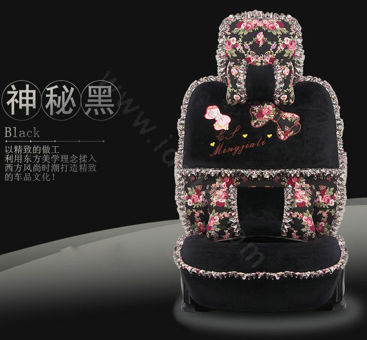 Bowknot Lace flower print Universal Automobile Car Seat Cover Cushion Plush 7pcs - Black