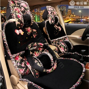 Bowknot Lace flower print Universal Automobile Car Seat Cover Cushion Plush 7pcs - Black