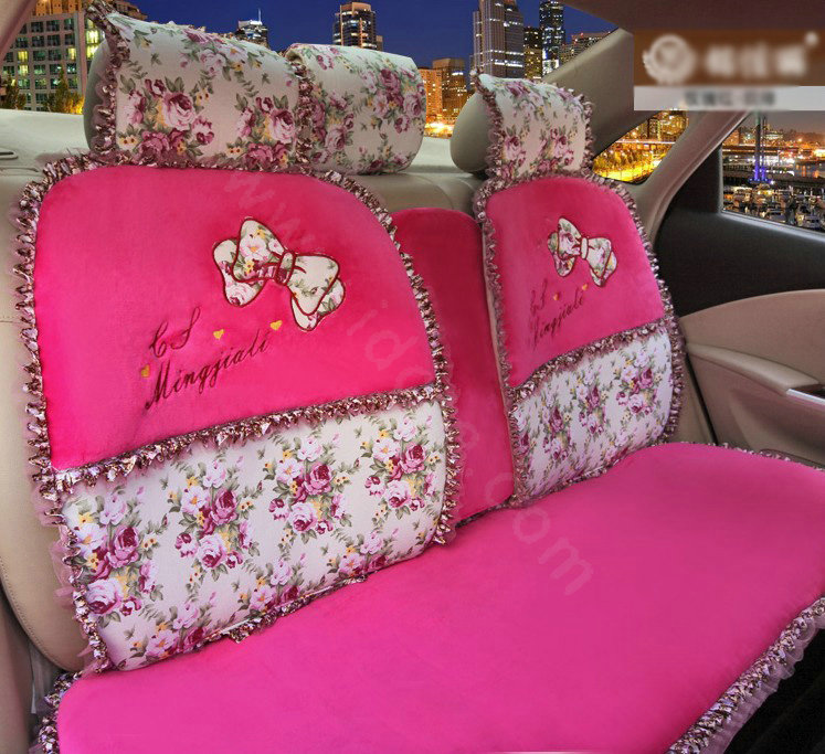 Bowknot Lace flower print Universal Automobile Car Seat Cover Cushion Plush 7pcs - Rose
