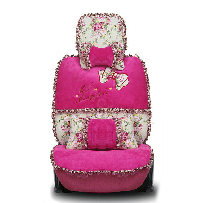 Bowknot Lace flower print Universal Automobile Car Seat Cover Cushion Plush 7pcs - Rose