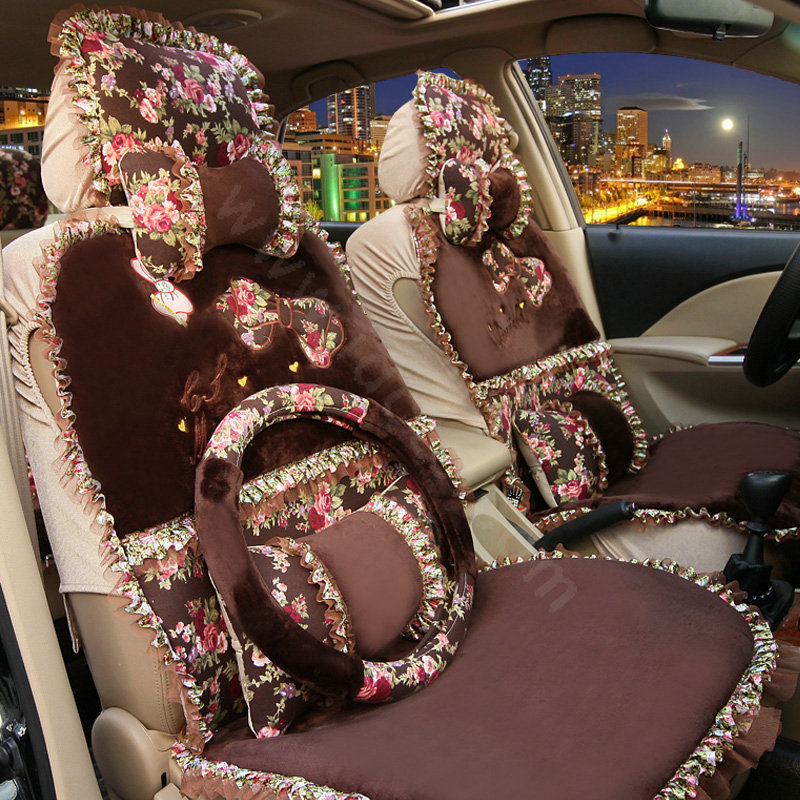 Bowknot Lace flowered print Universal Automobile Car Seat Cover Cushion Plush 7pcs - Coffee