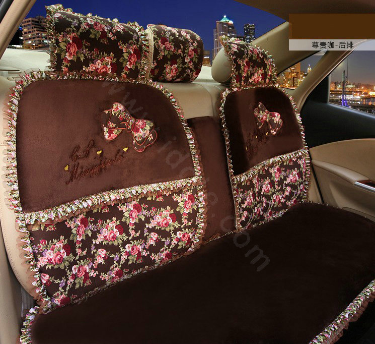 Bowknot Lace flowered print Universal Automobile Car Seat Cover Cushion Plush 7pcs - Coffee