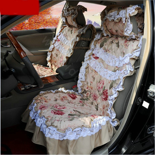 Luxury Universal Cotton Flower Print lace Car Seat Cover Auto Cushion 7pcs Sets - Beige