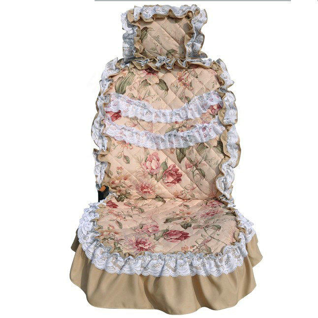 Luxury Universal Cotton Flower Print lace Car Seat Cover Auto Cushion 7pcs Sets - Beige