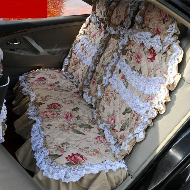 Luxury Universal Cotton Flower Print lace Car Seat Cover Auto Cushion 7pcs Sets - Beige