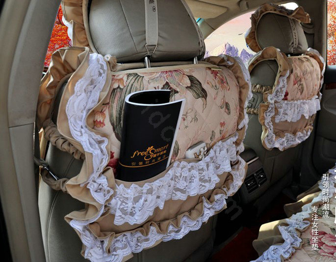 Luxury Universal Cotton Flower Print lace Car Seat Cover Auto Cushion 7pcs Sets - Beige