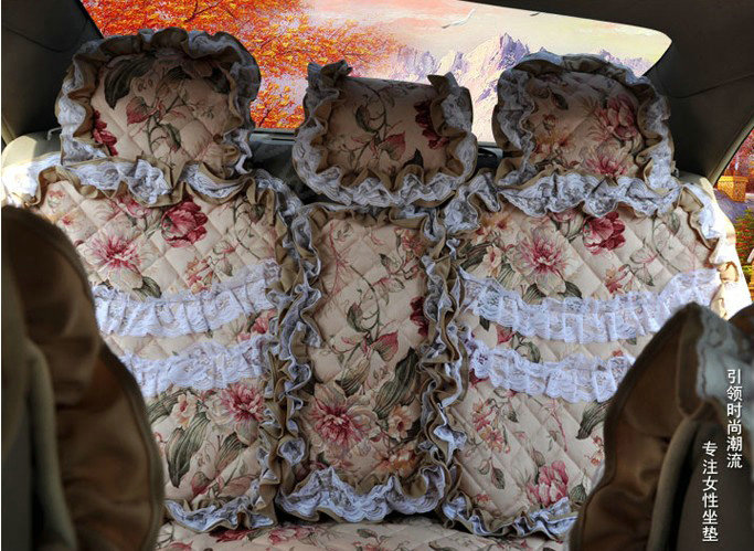 Luxury Universal Cotton Flower Print lace Car Seat Cover Auto Cushion 7pcs Sets - Beige