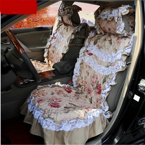 Luxury Universal Cotton Flower Print lace Car Seat Cover Auto Cushion 7pcs Sets - Beige